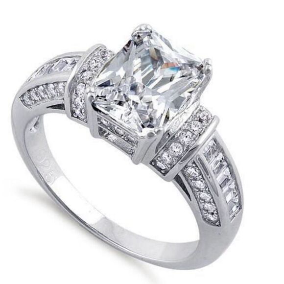 Sterling Silver Clear Emerald Cut CZ Ring New - Picture 1 of 13